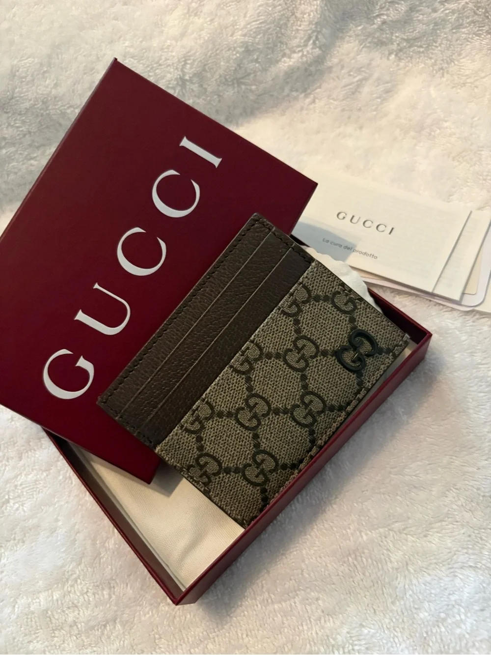 Gucci Brown GG Supreme Card Holder with Leather Trim